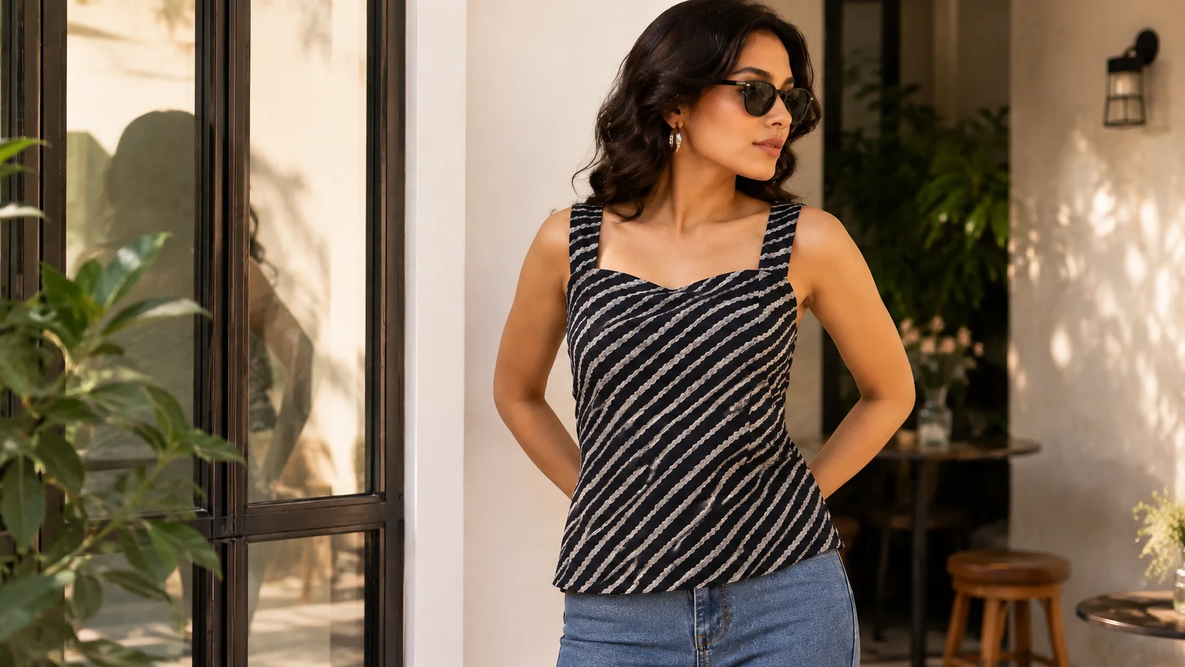 Woman wearing a dark striped sleeveless top styled with blue jeans for an effortless everyday outfit.