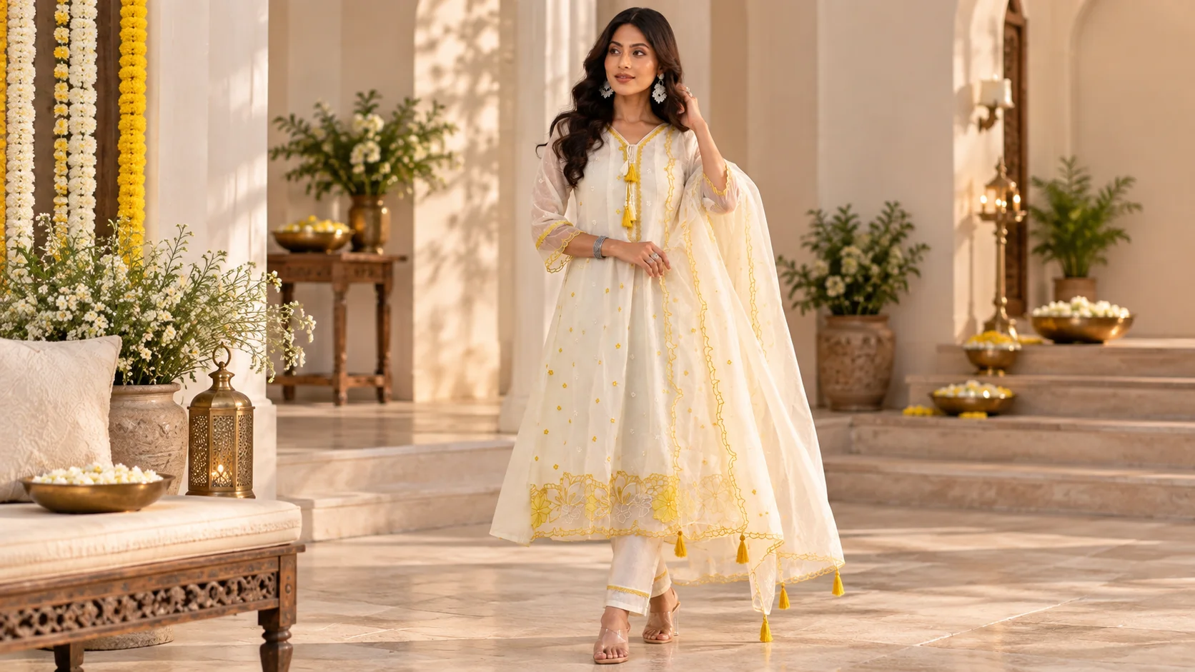 Ivory embroidered kurta set styling with yellow floral details and coordinated festive accessories