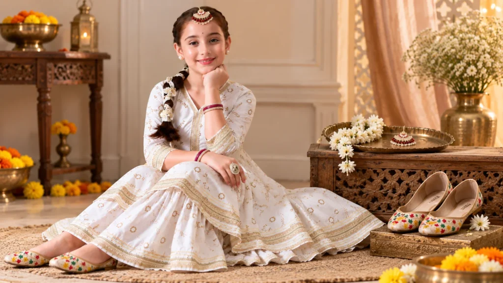 Styling ideas for an ivory and gold kids ethnic outfit with restrained festive accessories