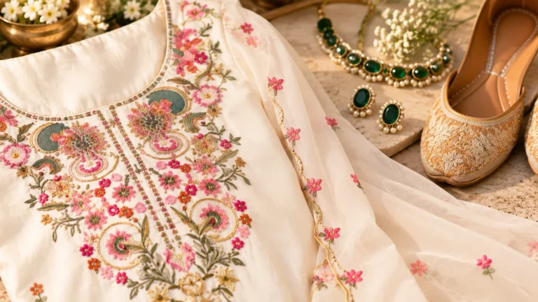 Close-up ivory embroidered kurta styling showing colourful floral details with restrained jewellery and footwear inspiration.