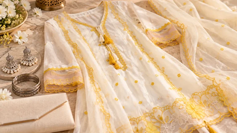 Ivory embroidered kurta styling with restrained statement earrings and festive accessory ideas