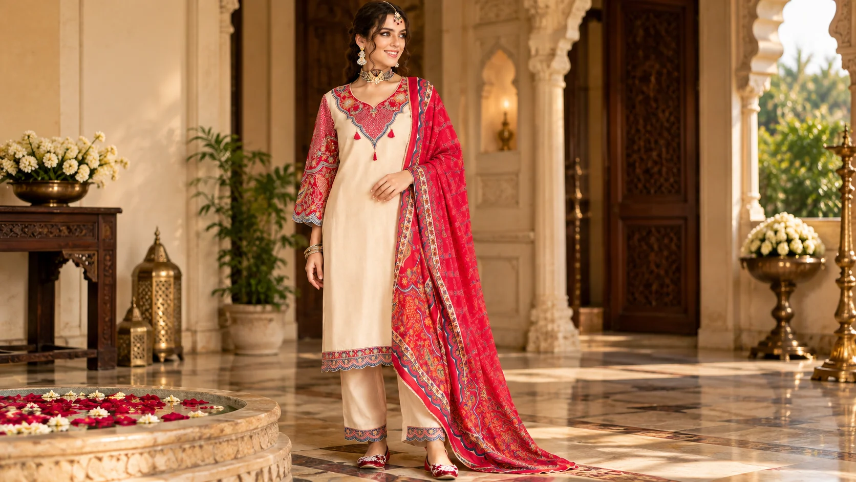 Ivory kurta set styling with vivid red patterned dupatta and coordinated festive accessories.