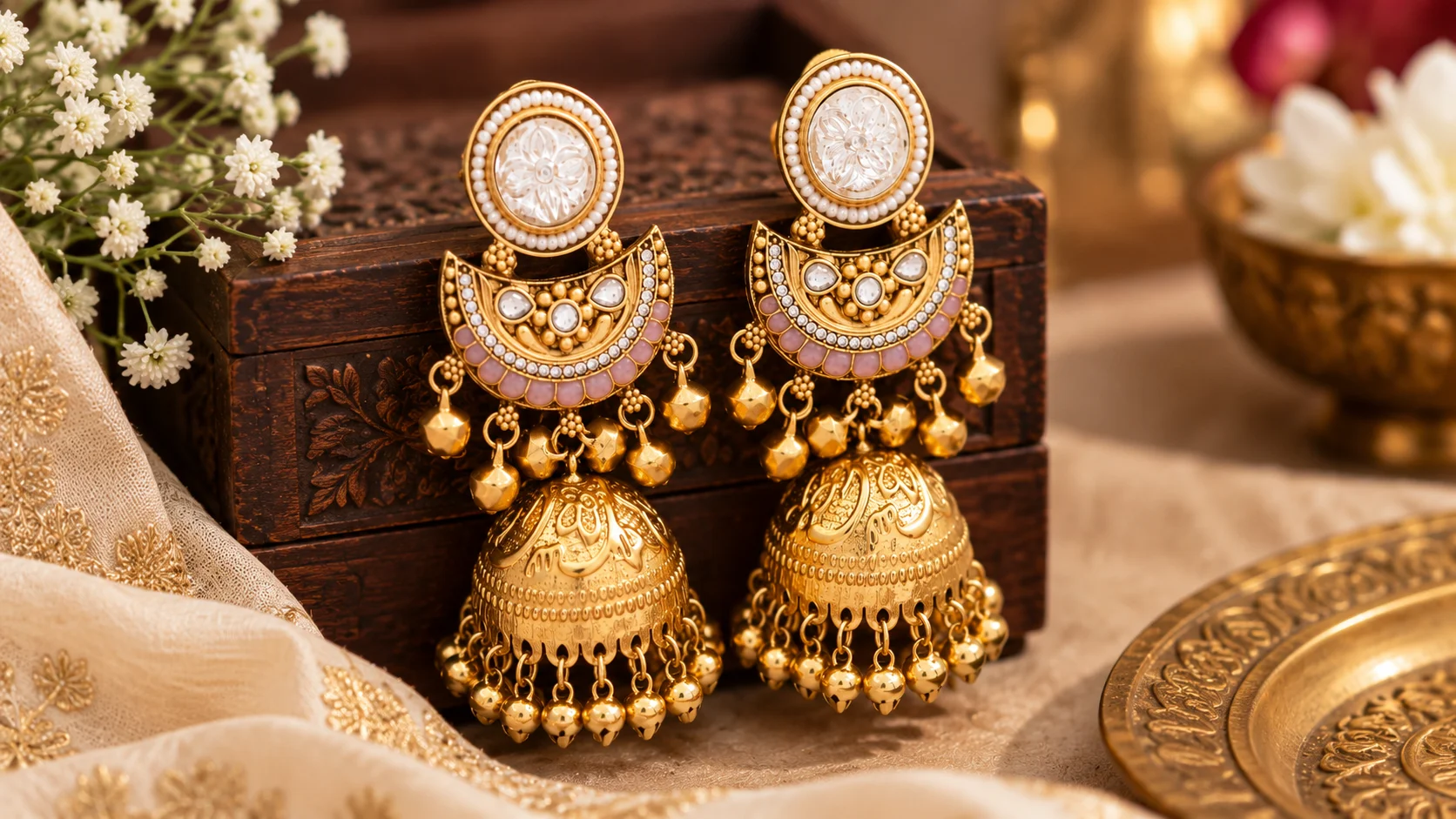 Ornate golden-tone jhumka earrings with pearl-like borders, reflective details and soft pink accents styled for statement jewellery inspiration.