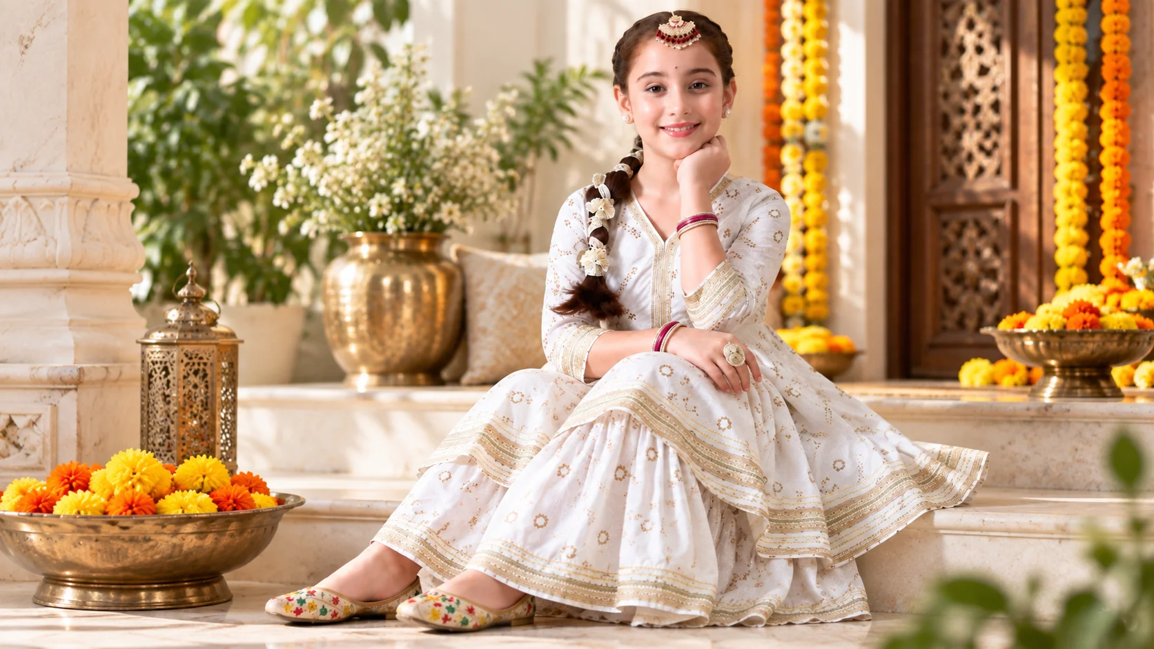 Ivory and gold kids ethnic wear styling for a festive occasion