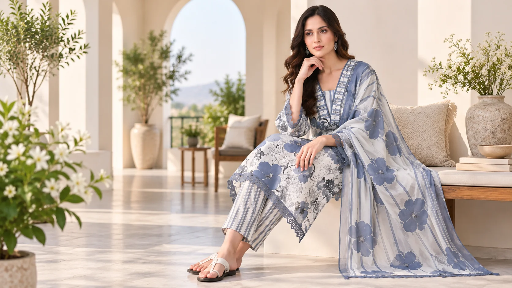 Elegant floral kurta set styling ideas featuring a coordinated kurta, striped pant and draped dupatta in a soft blue-grey and neutral palette.