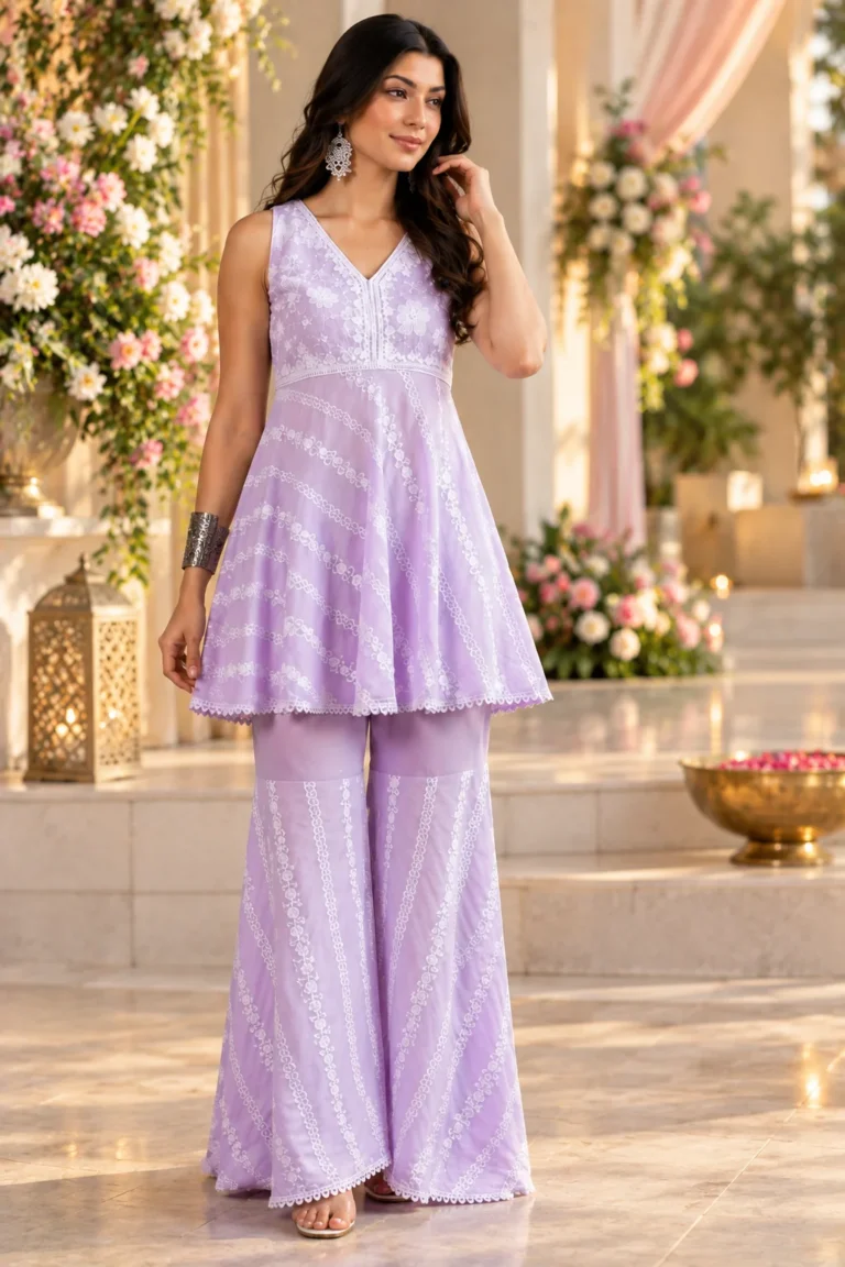 Lilac embroidered kurta set styled with statement earrings for a refined festive outfit idea