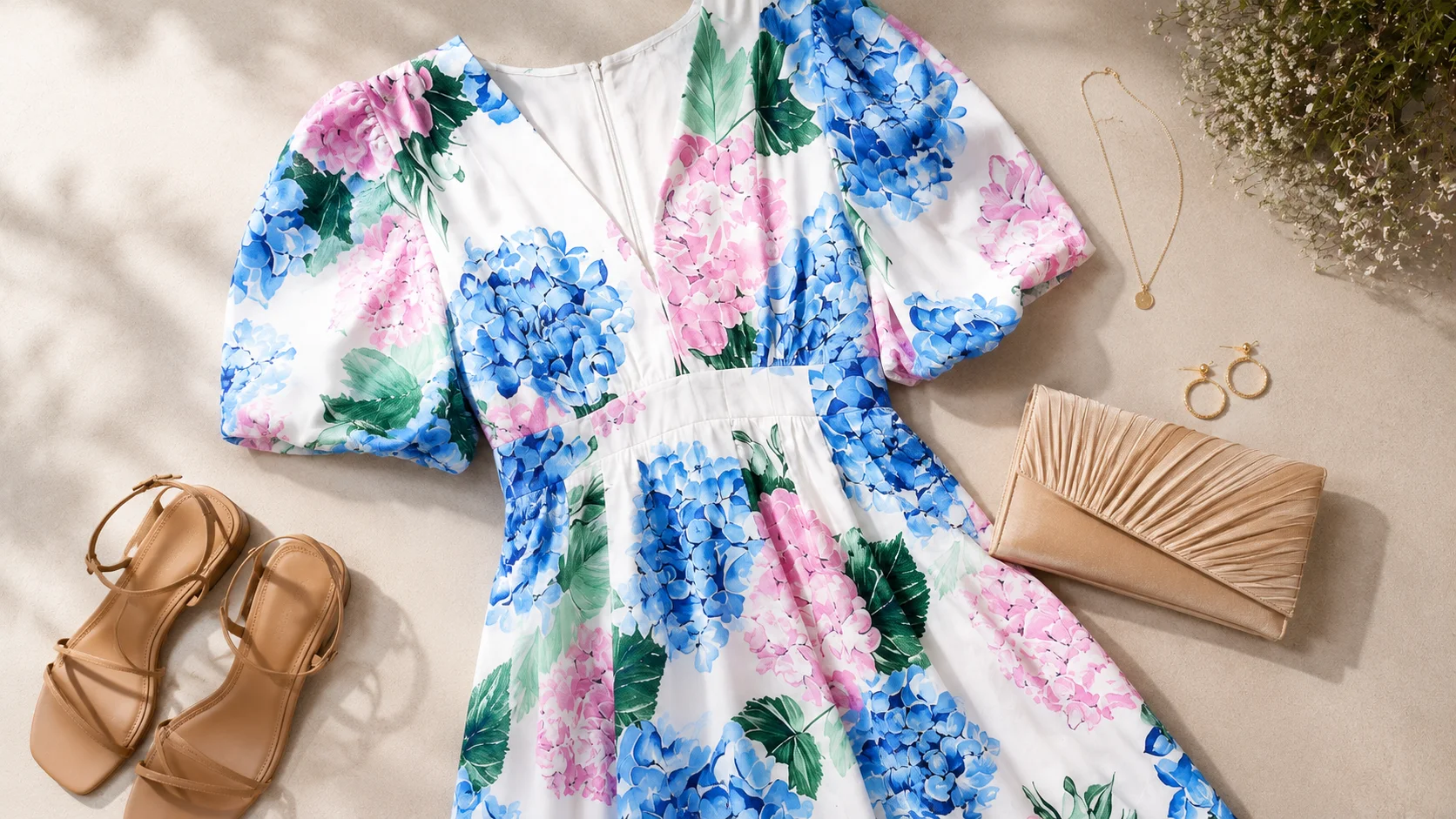 Floral maxi dress styling inspiration with neutral sandals, a small clutch and delicate Jewellery.