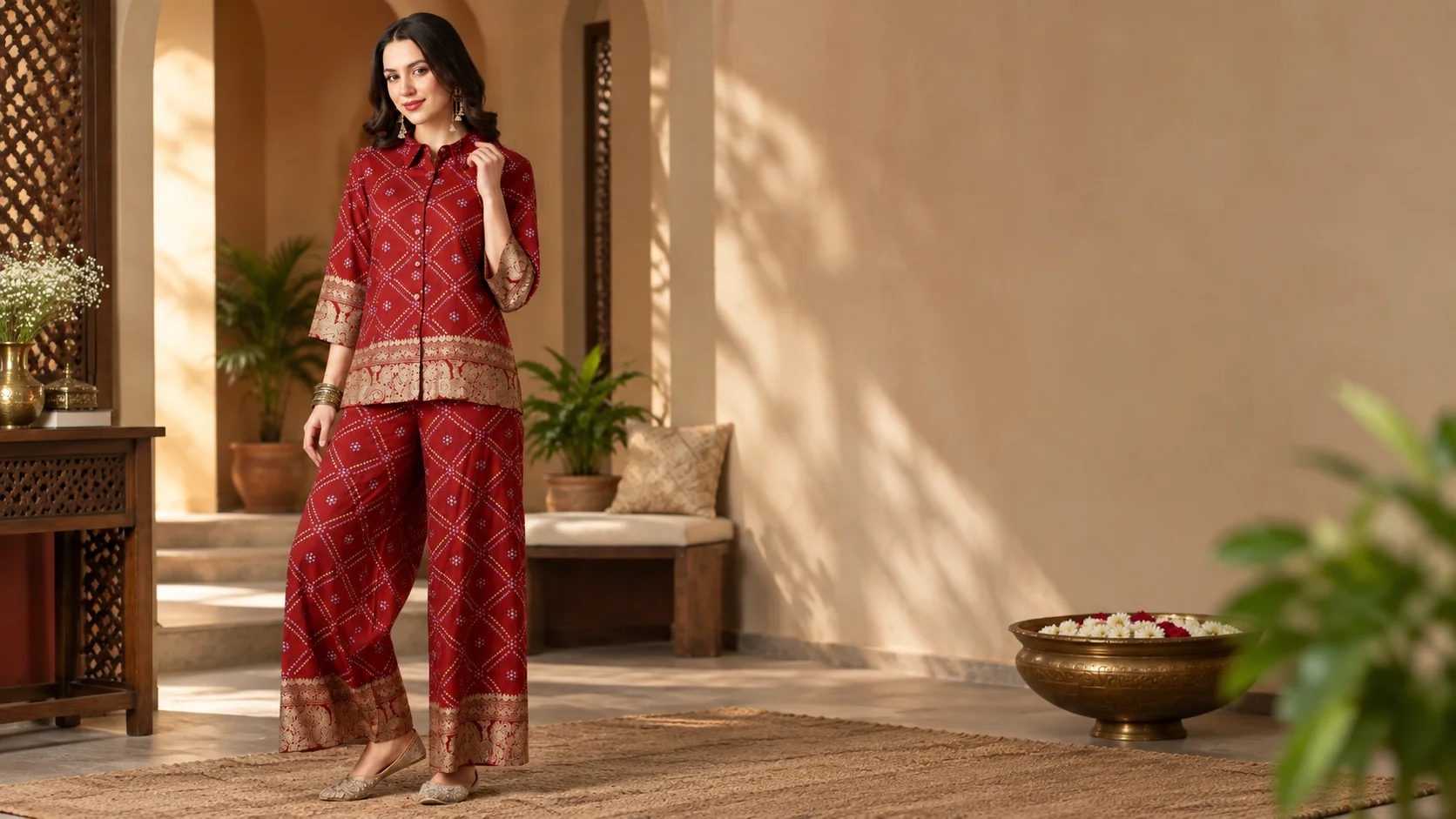Maroon co-ord set with collared shirt and matching palazzos styled with gold-toned jewellery and neutral accessories