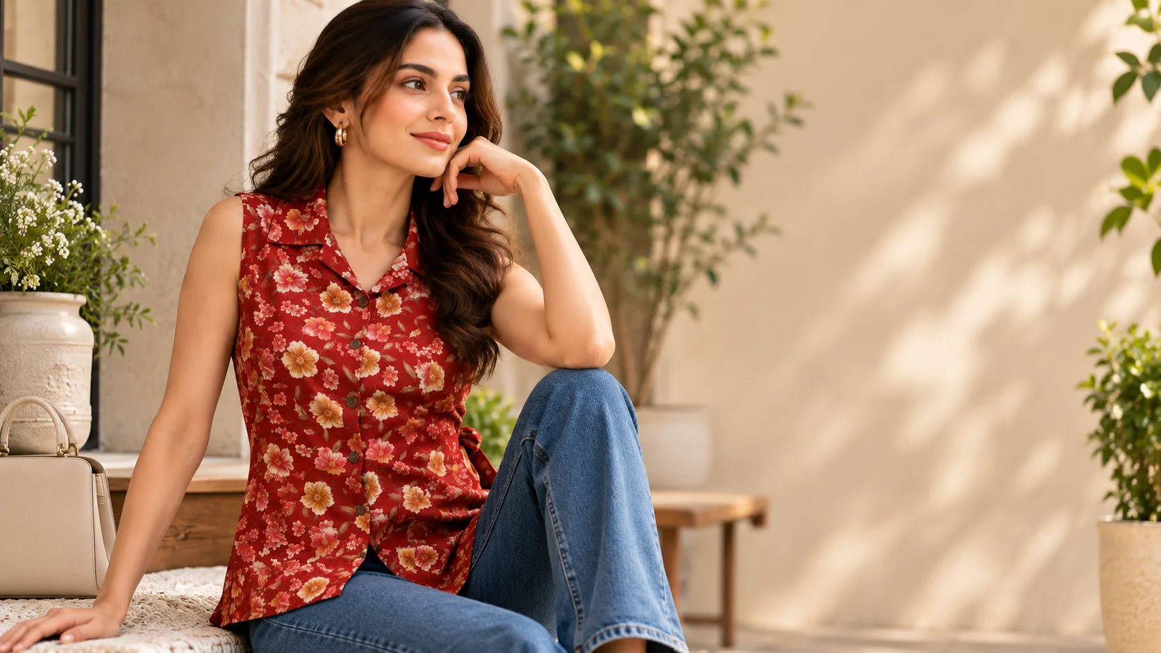Maroon floral tunic styled with blue denim for everyday floral tunic styling inspiration