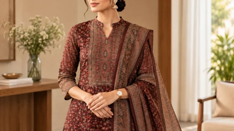 Maroon kurta set styling showing a patterned dupatta draped over one shoulder while keeping the kurta neckline visible.
