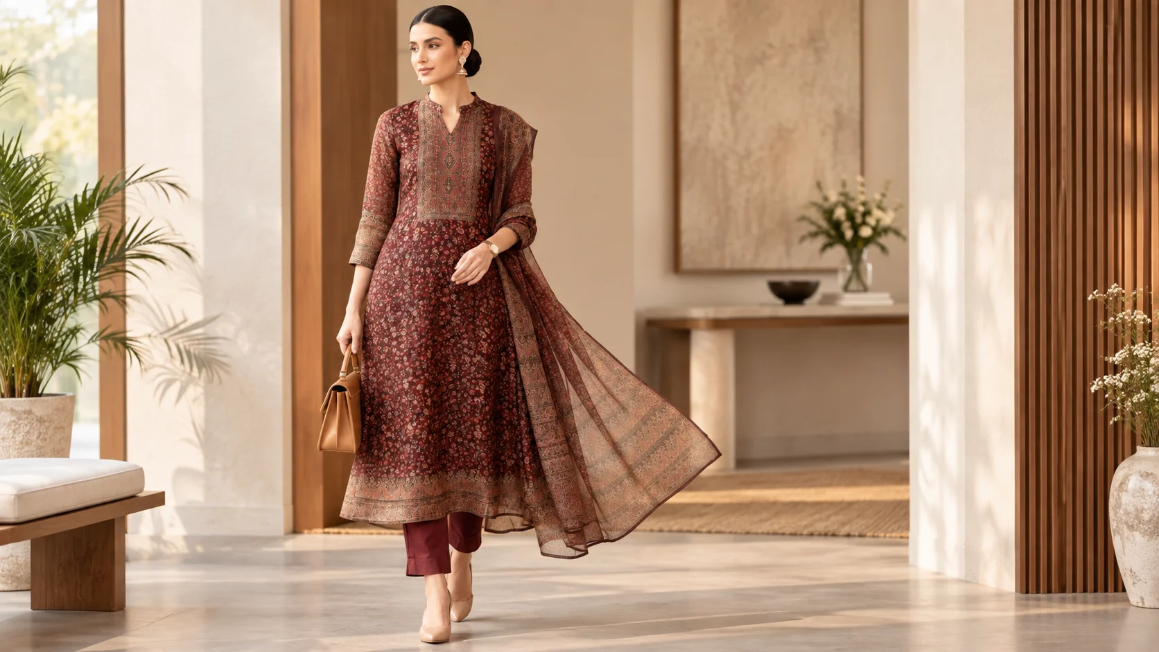 Maroon kurta set styling with printed kurta, coordinating trousers and patterned dupatta for an elegant ethnic outfit.