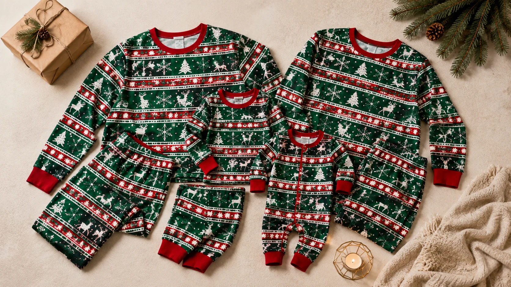 Green, red and white matching family Christmas pyjamas arranged with understated festive styling details.