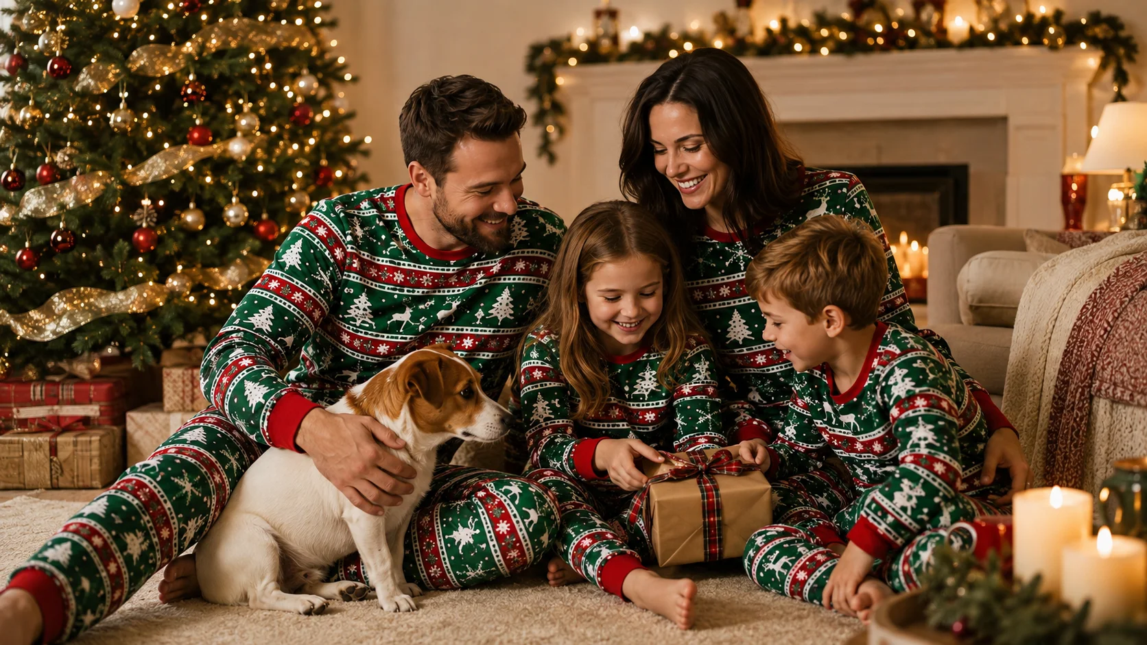 Matching family Christmas pyjamas in green, red and white festive patterns styled for a cheerful Christmas family moment