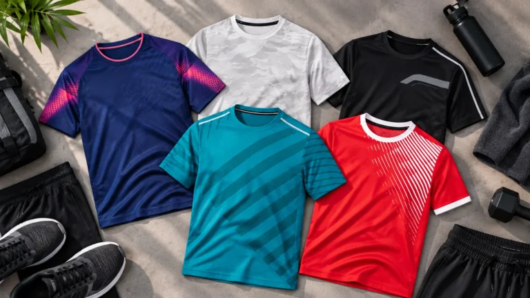Men’s athletic T-shirts in several colours shown with simple neutral styling elements.