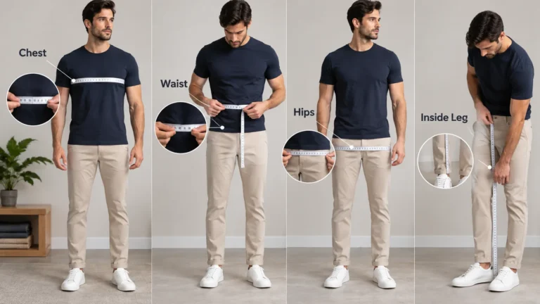 Man demonstrating chest, waist, hip and inside-leg body measurements for choosing clothing sizes online.