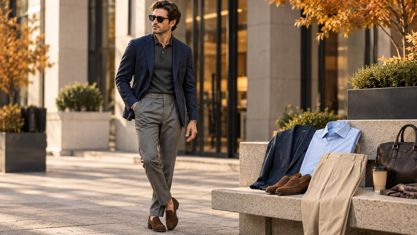Men’s business casual fall wardrobe featuring a navy blazer, charcoal polo, light blue shirt, grey trousers, beige chinos and brown loafers.
