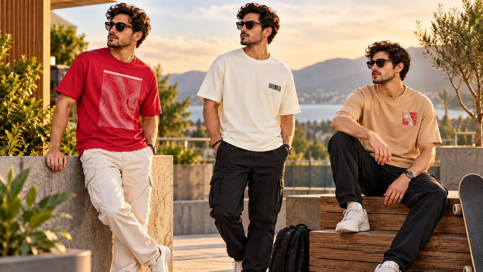 Men’s casual T-shirt styling with red, off-white and beige relaxed tees paired with neutral cargo trousers.