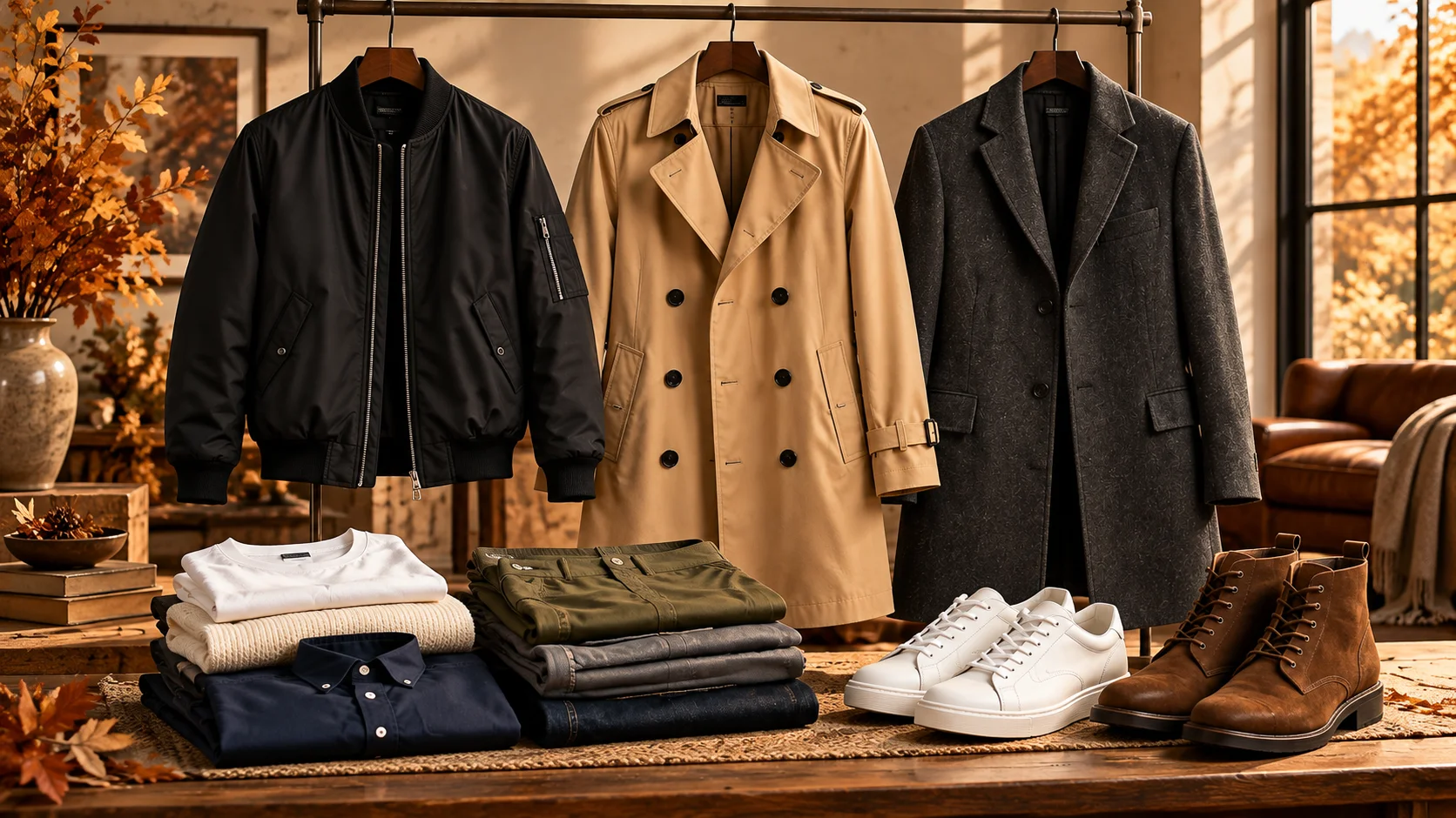 Men’s fall wardrobe with a black bomber, beige trench coat, charcoal overcoat and coordinated autumn clothing