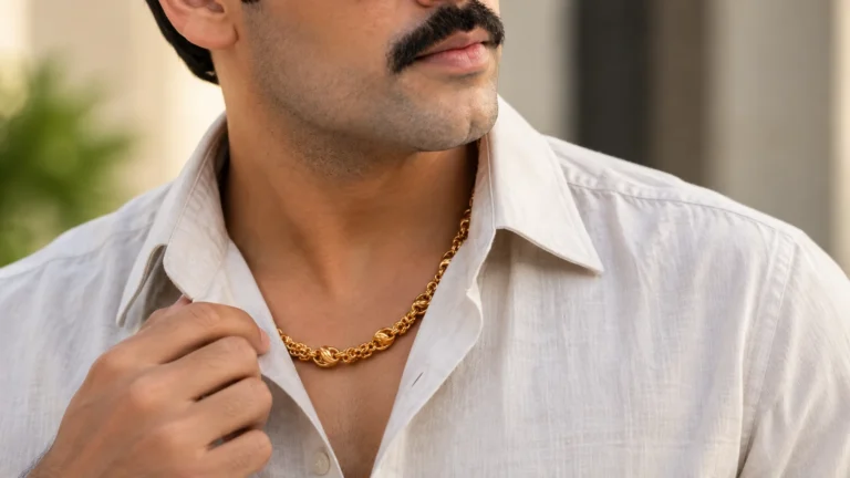 Men’s gold-tone chain partly visible beneath an open shirt collar for restrained chain styling.