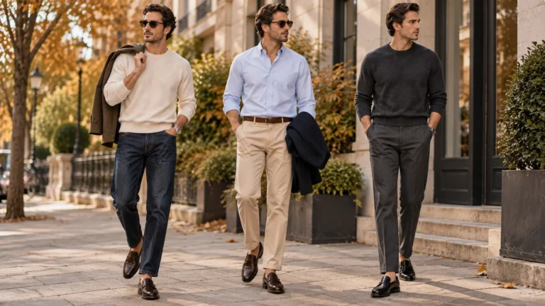 Three men's early autumn loafer outfit ideas with jeans, chinos, tailored trousers and lightweight knitwear.