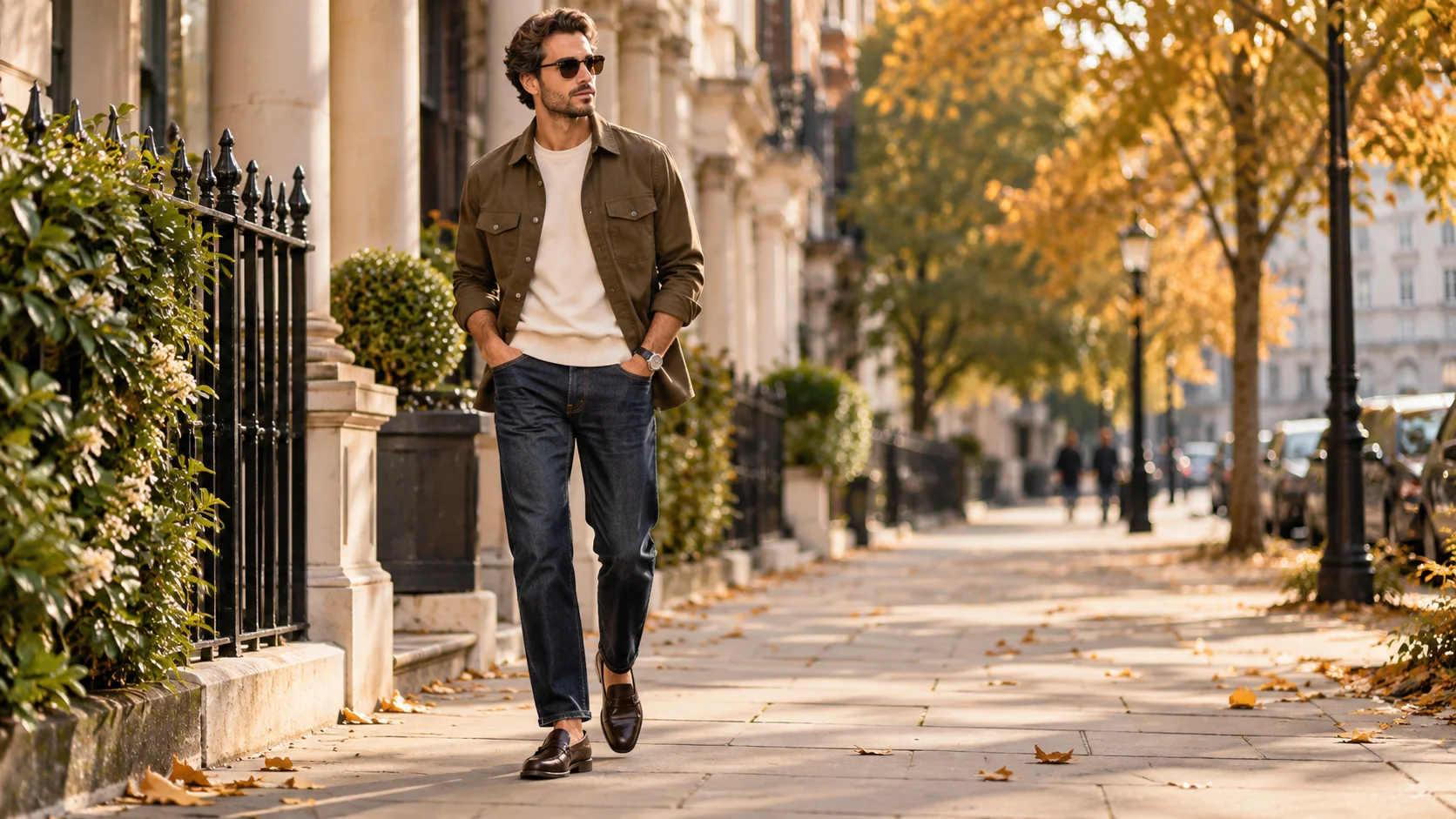 Men’s loafers styled with straight-leg jeans, lightweight knitwear and autumn layers for an early autumn men's outfit