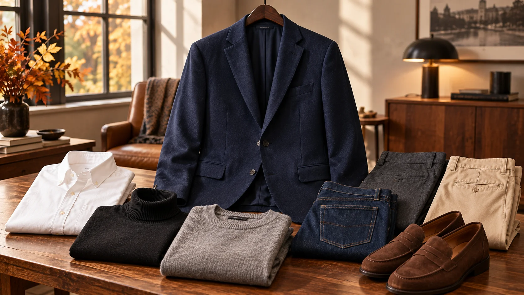 Men’s navy blazer with white Oxford shirt, neutral knitwear, dark jeans, charcoal trousers, beige chinos and brown loafers for Fall 2026 styling.