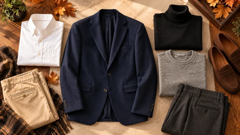 Men’s navy blazer with white Oxford shirt, grey crewneck and black turtleneck illustrating fall mix-and-match styling.