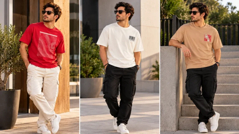 Three men’s casual T-shirt colour combinations pairing red, off-white and beige tops with neutral trousers.