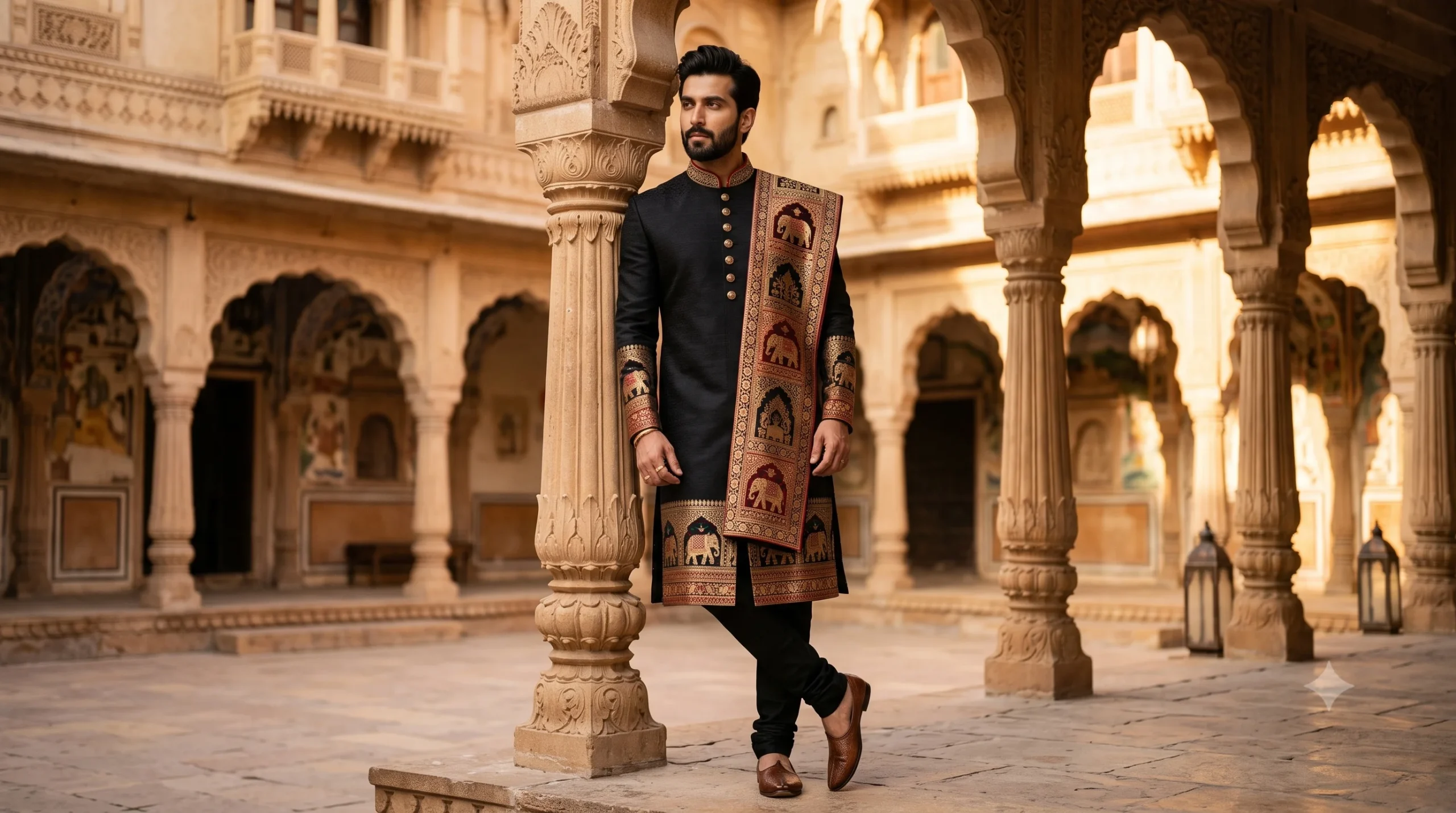 Men’s tribal jacquard kurta set in elegant black with woven elephant motifs and matching stole