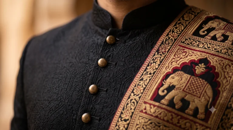 Close-up detail of the woven narrative border and buttons on a men’s tribal jacquard kurta set