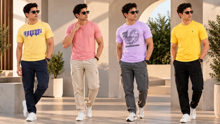 Men’s T-shirt colour ideas showing yellow, pink and lavender casual tops paired with neutral trousers