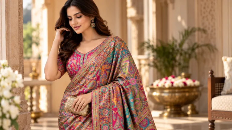 Multicoloured Kanjeevaram saree styling with ornate motifs, coordinating jewellery and a restrained occasion accessory.