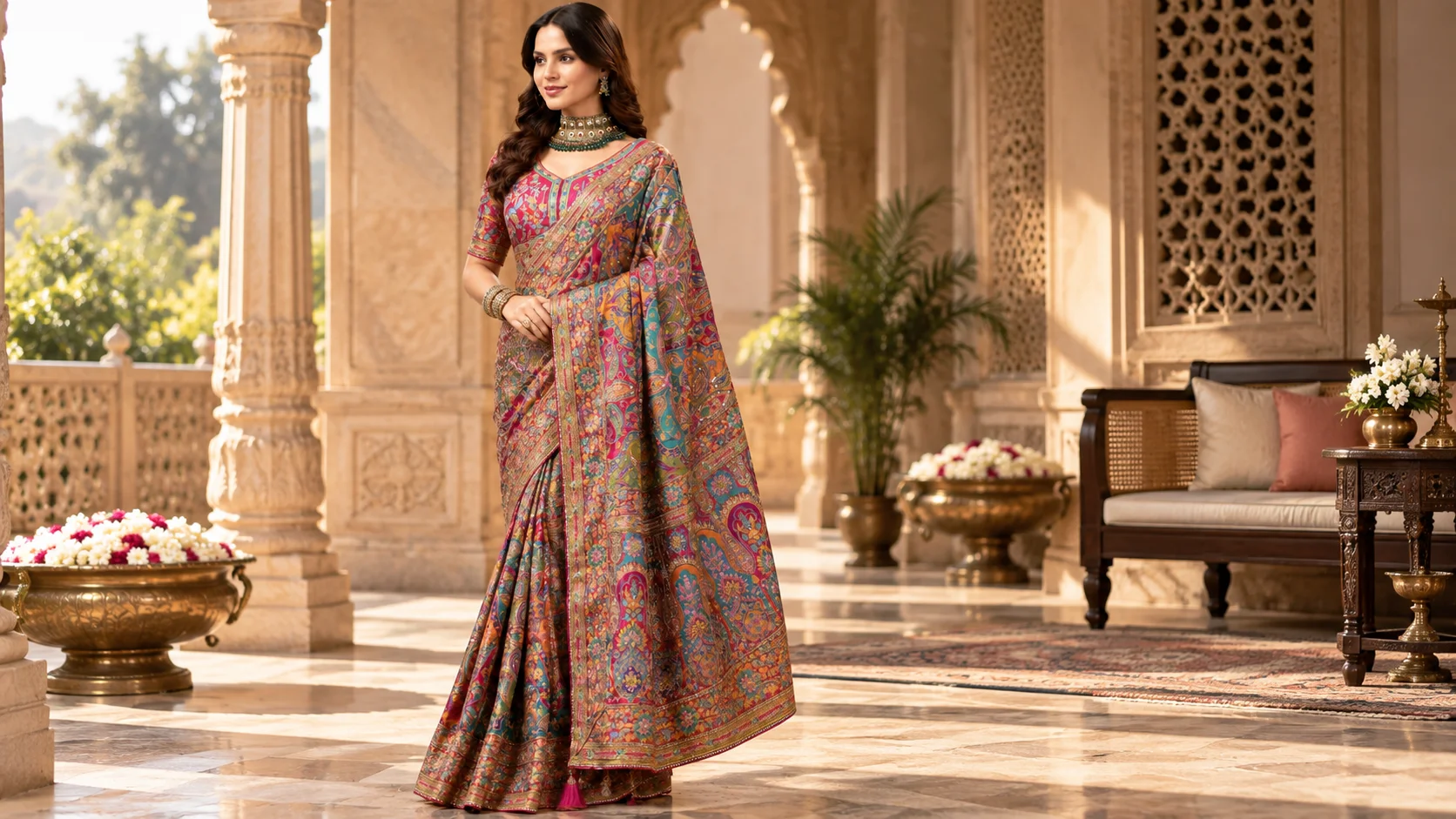 Multicoloured Kanjeevaram saree with ornate ethnic motifs and embellished border styled for an elegant Indian wear look