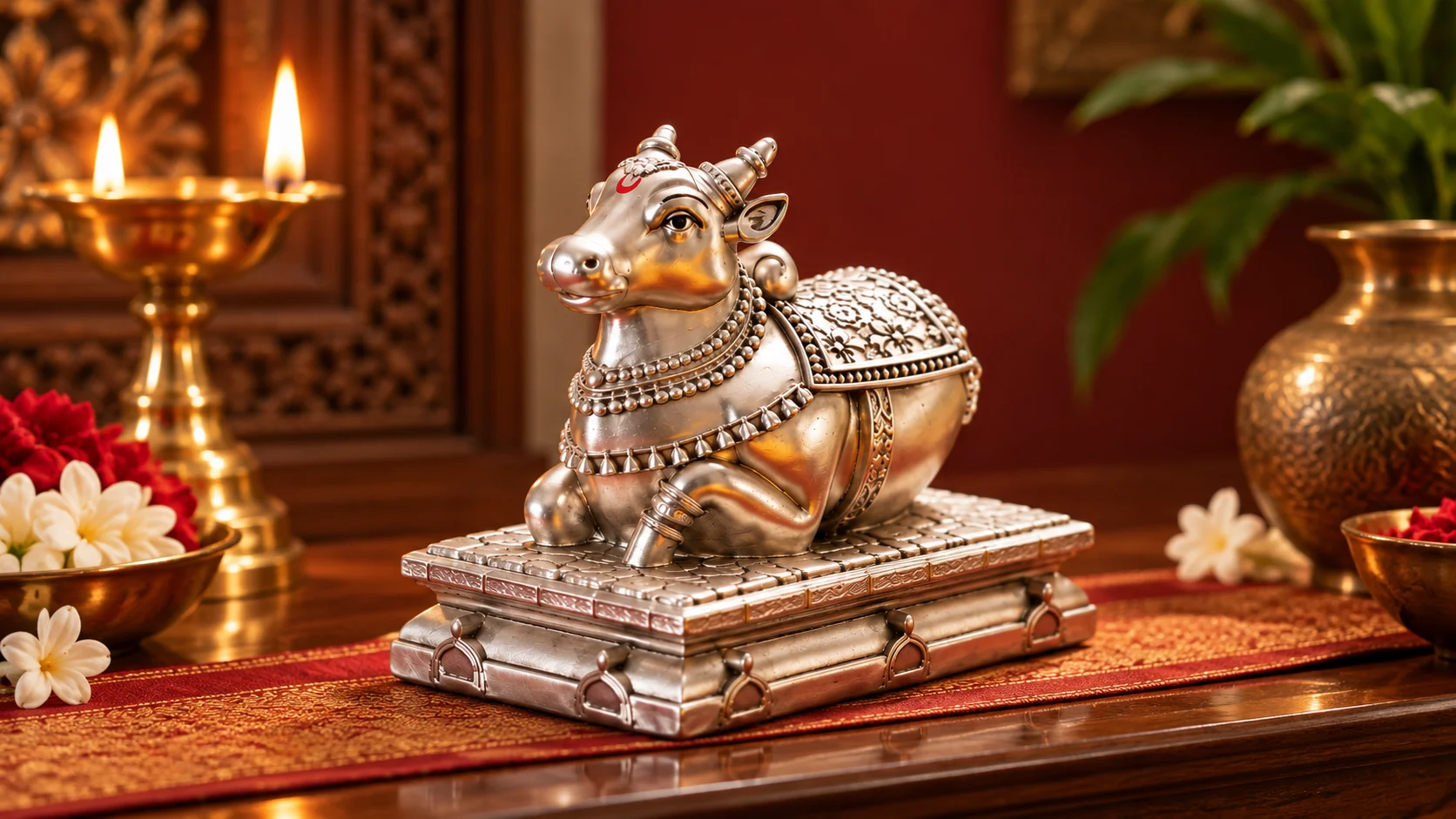 Silver-toned Nandi showpiece for home décor displayed in a refined traditional interior setting.