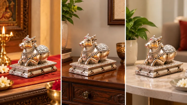 Nandi showpiece displayed in three home décor placement settings including a devotional corner, console and tabletop.