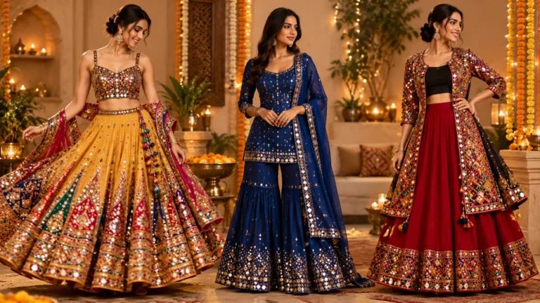 Three trending Navratri 2026 outfit silhouettes — mirror-work chaniya choli, sharara set and jacket-style choli