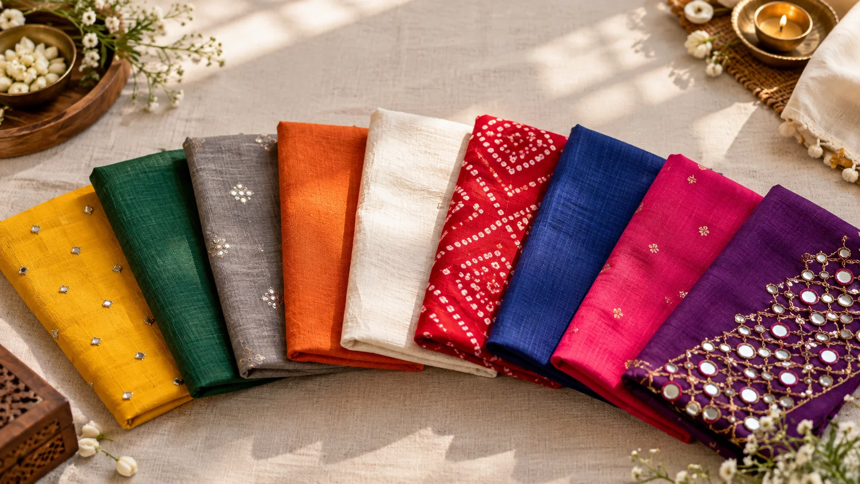 Nine fabric swatches in Navratri colours including mirror-work and bandhani prints for 2026 outfit planning