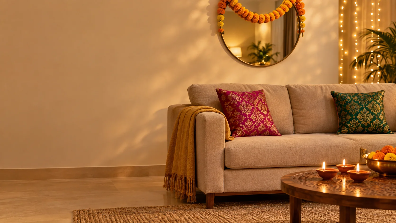 Navratri home decor ideas shown in a neutral living room with jewel-toned cushions, a marigold garland and lit diyas