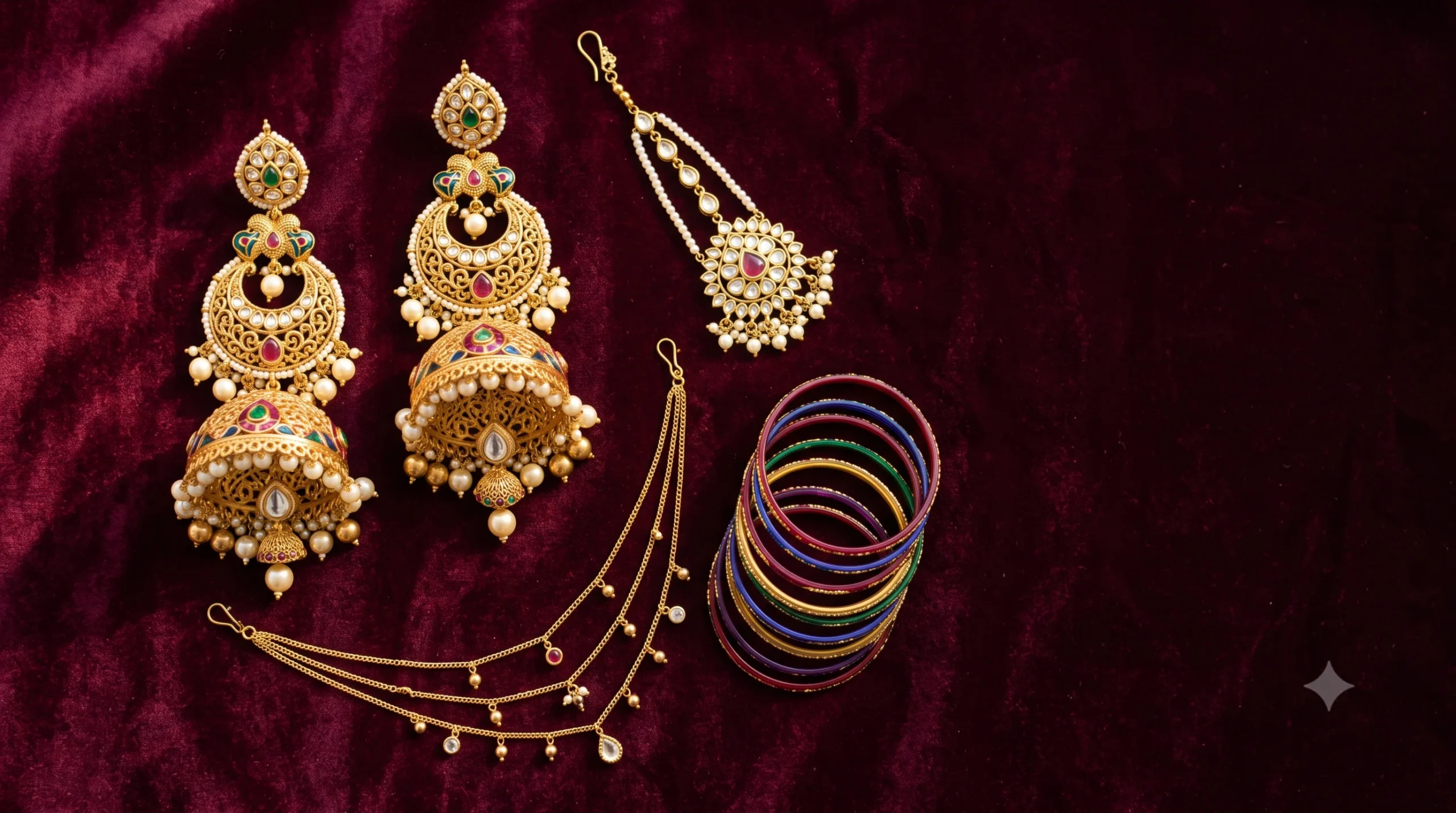 Navratri jewellery guide flat-lay with oversized jhumkas, layered necklace, glass bangles and maang tikka on maroon velvet