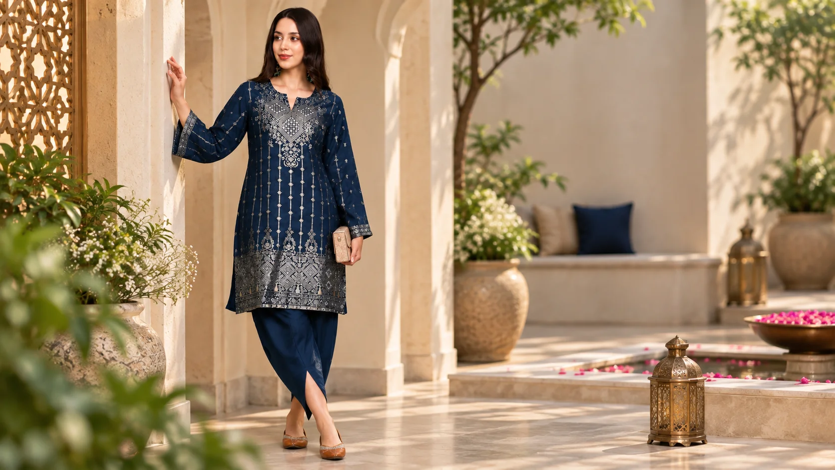Navy blue kurta set for women styled as an elegant ethnic outfit with restrained accessories.