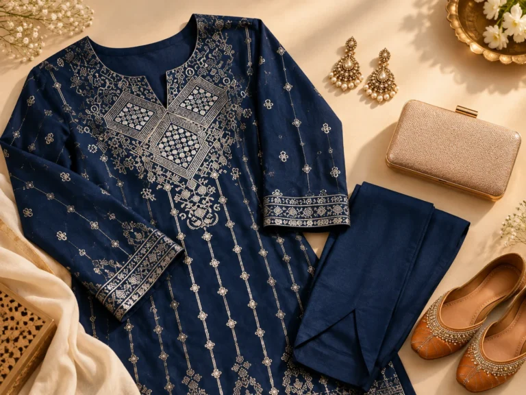 Navy blue kurta styling inspiration with restrained jewellery, clutch and footwear ideas.