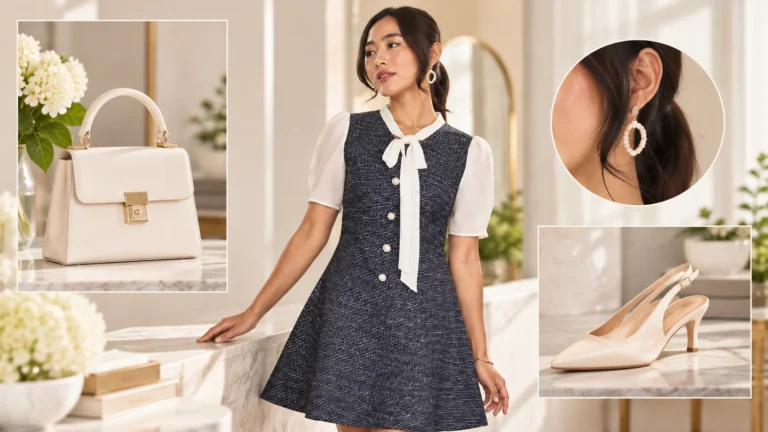 Navy tweed mini dress styling concept with cream handbag, restrained jewellery and neutral footwear details.