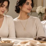 Necklace length guide for different necklines showing an elegant pendant necklace styled with V-neck, crew neck and open neckline outfits