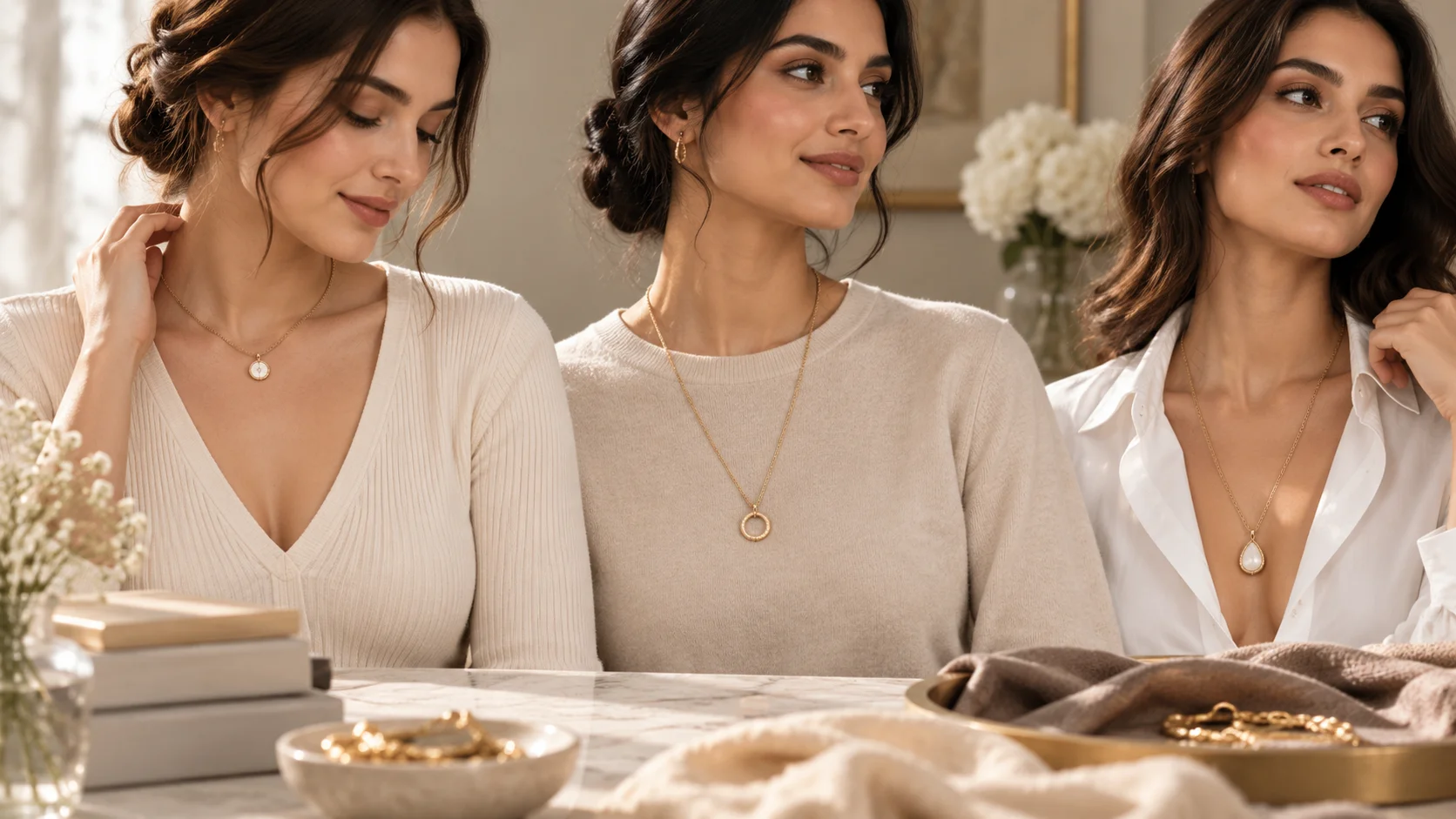 Necklace length guide for different necklines showing an elegant pendant necklace styled with V-neck, crew neck and open neckline outfits