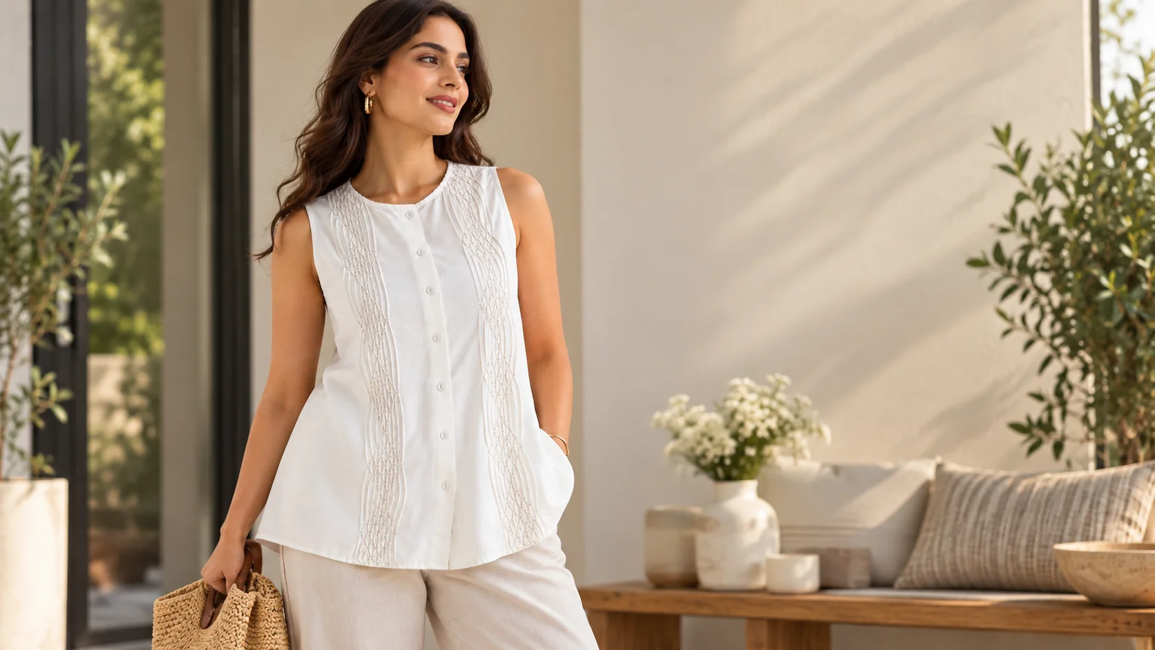 Off-white embroidered tunic styling with neutral trousers for an elegant everyday women’s outfit.