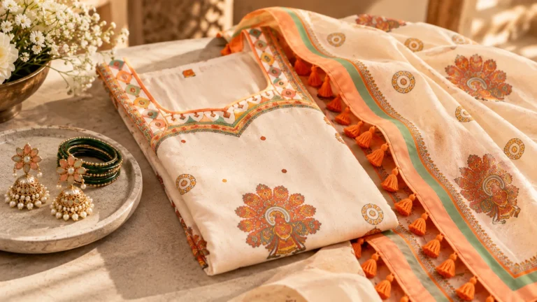 Off-white sharara suit styling details with printed dupatta border, tassels, earrings and coordinating bangles.