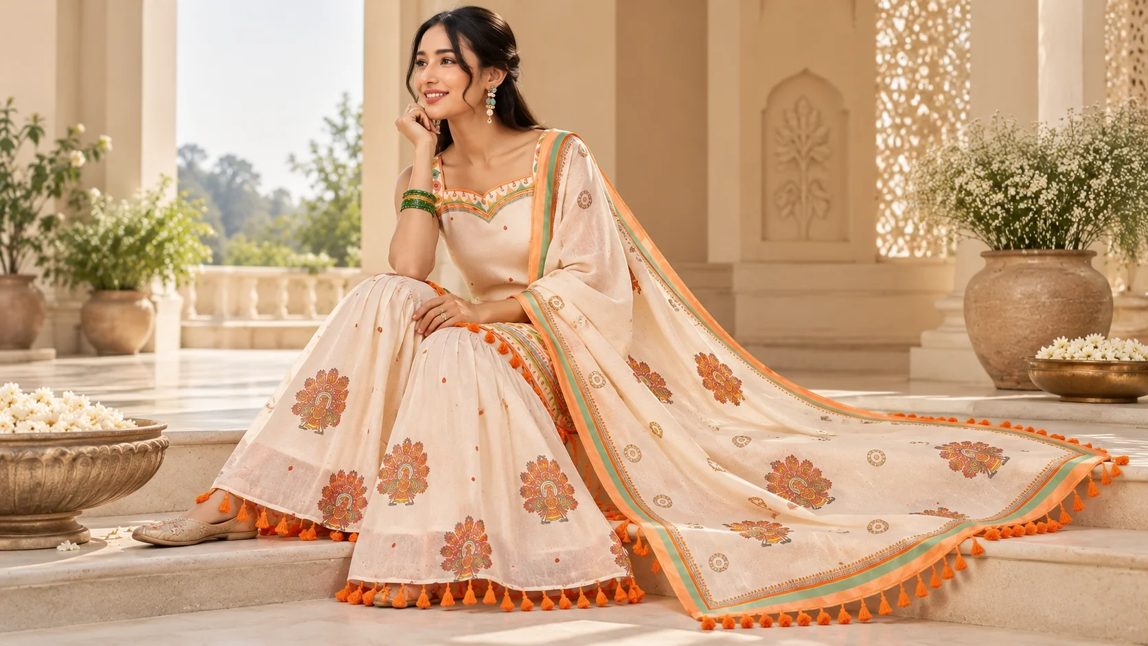 Off-white sharara suit styling with colourful printed motifs, contrasting dupatta border and tassel details for women’s ethnic wear inspiration.