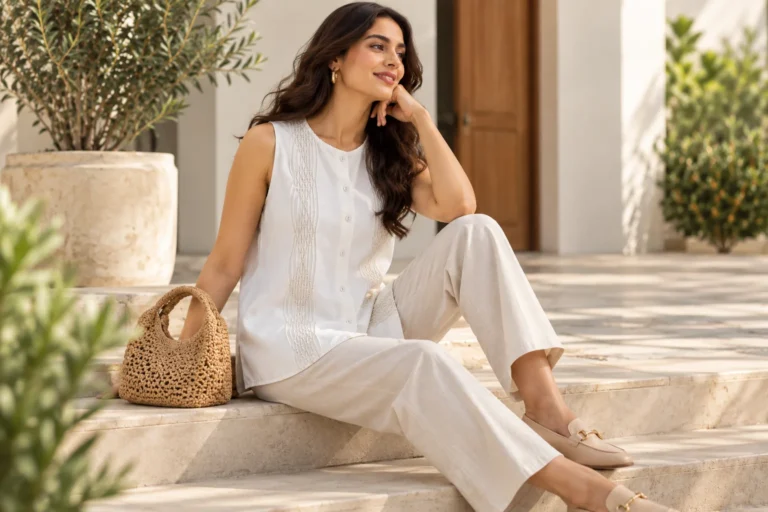 Woman styling an off-white embroidered tunic with beige trousers and understated neutral accessories.
