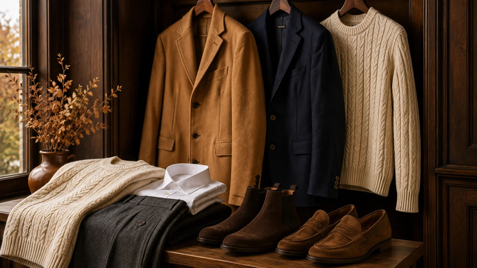 Old money fall style for men featuring camel outerwear, navy tailoring, cream cable-knit sweater, white shirt, charcoal trousers and brown footwear.