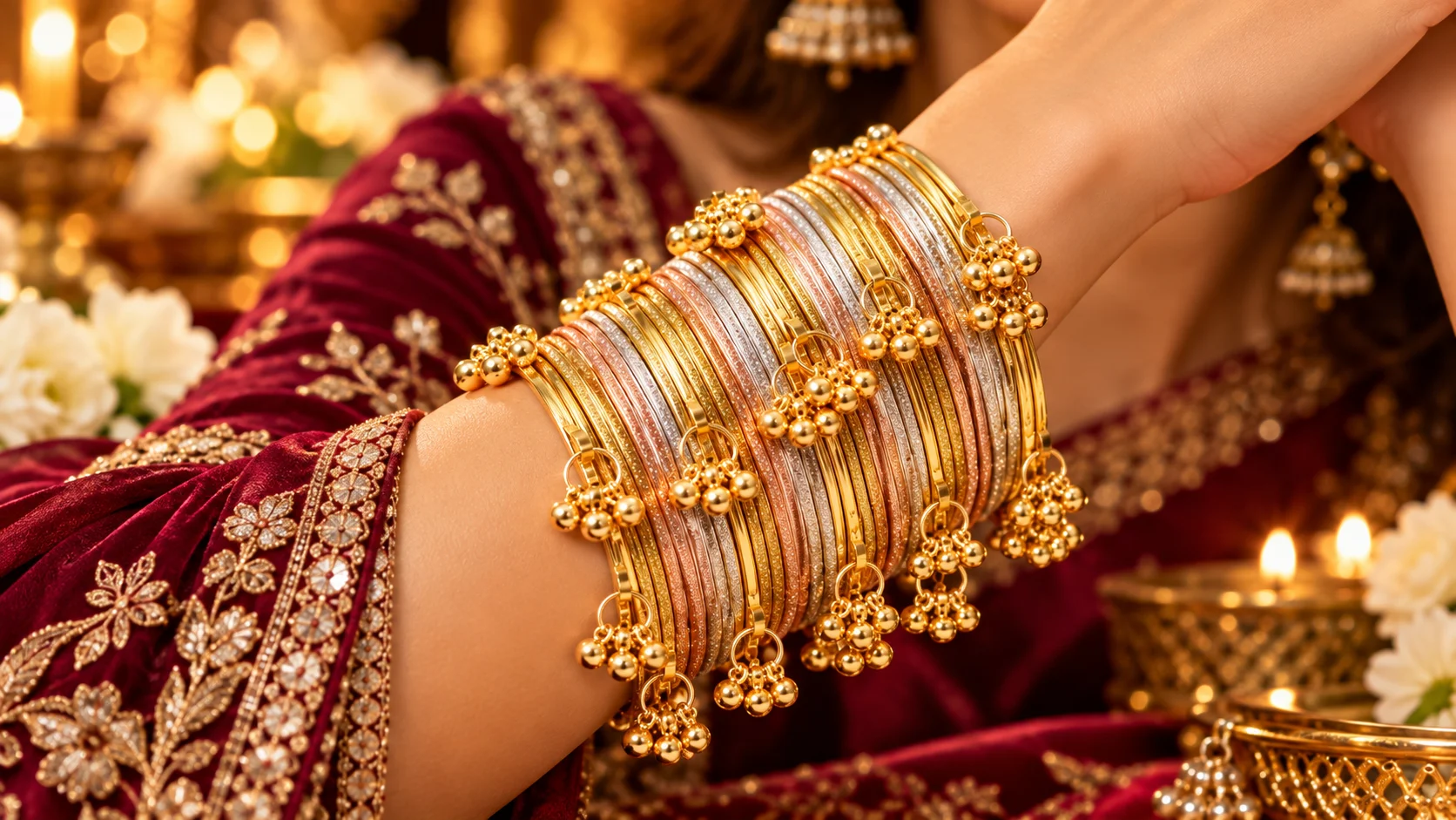 OOMPH RimJhim bangles for women in gold, silver and rose-gold tones with decorative bead details for festive jewellery styling